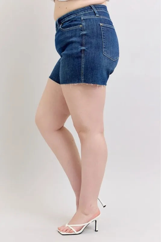 Judy Blue Denim Shorts Plus Size High Waist Criss-Cross Waistband Dark Blue af1237c5b15447c2b418809015bf6cea-Max-Origin Trendsi