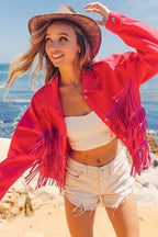 BiBi Jacket Rhinestone Fringe with Studed Collar Tasseled Fuchsia Pink af142fa197c34310a337e0b085c3cc26-Max-Origin Trendsi