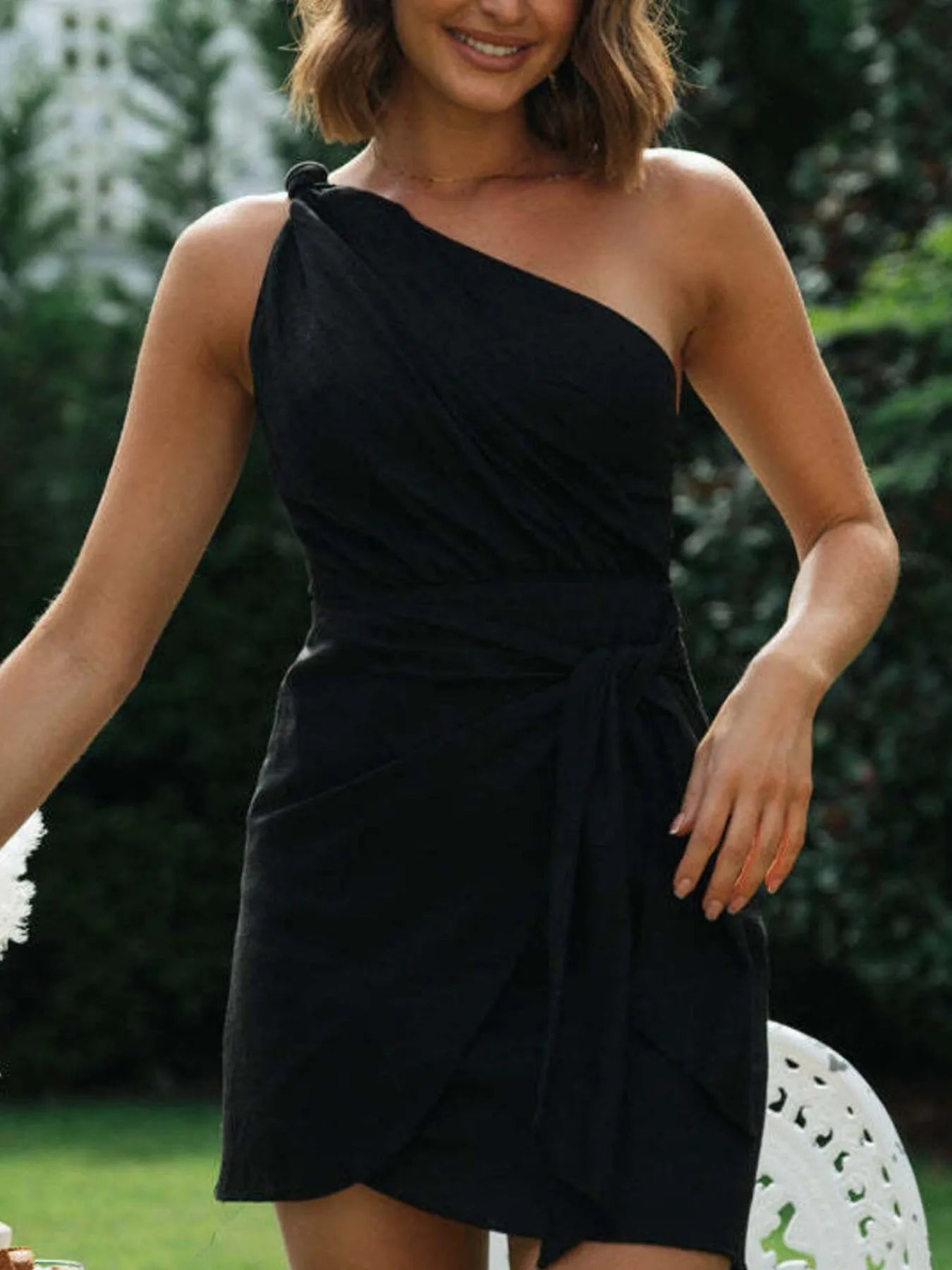 Mini Dress Ruched One-Shoulder Asymmetrical Side Tied Cotton Blend af189e41-2252-47d2-af4a-b7813da2c361-Max-Origin Trendsi