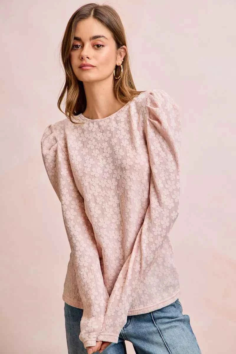 BiBi Women Blouse Textured Flower Knit Blush Pink Puff Shoulder Top Long Sleeve af19ea6bc9b544c2a64d393fa5d15110-Max-Origin Trendsi