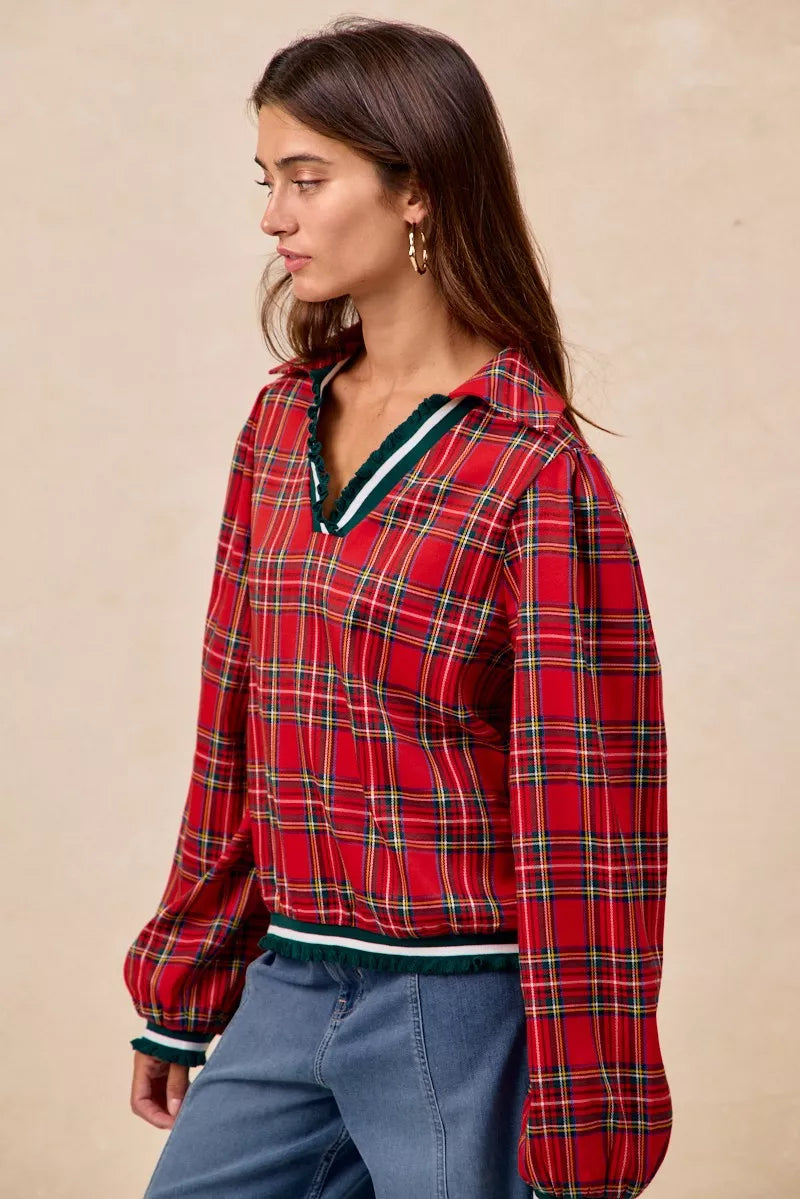 BiBi Christmas Womens Blouse Red Plaid Collared Top with Ruffled Detail af2b0d6b472b454a998400683c36b640-Max-Origin Trendsi