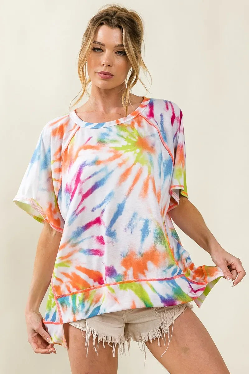 BiBi T-shirt Cotton Tie Dye Print Jersey Stitched Uneven Hem Top af2ee05b6cee4f03a295eb19d559c1bc-Max-Origin Trendsi