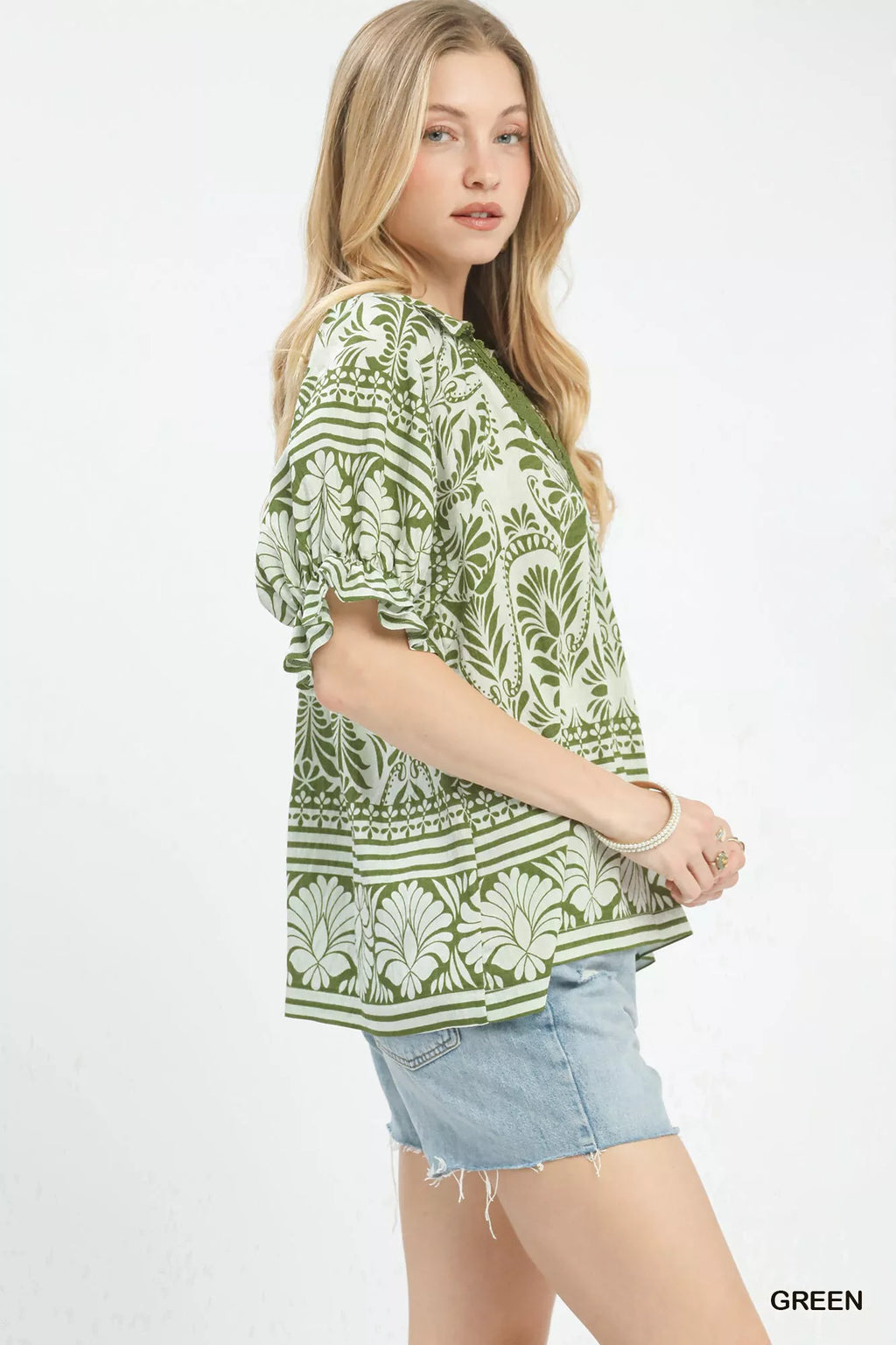 Umgee Women Blouse Green Two Tone Boarder Print Top Short Sleeve af30ef61-7820-46ba-b1ae-238f7bae0509-Max-Origin Trendsi