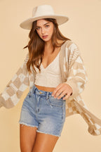 Women's Cardigan Annie Wear Checkered Open Front Tan Long Sleeve af30f97b-6095-4c95-8527-3d0c824c2bb4-Max Trendsi