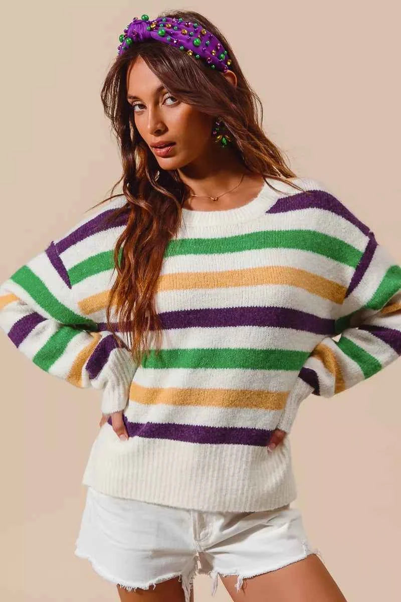 SO ME Sweater Knit Ivory Mardi Gras Color Stripe Long Sleeve Top af33df548ff74bbdbfd36efc072a4f58-Max-Origin Trendsi