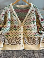 Women's Cardigan Beige Floral Knit Pattern Button-Up Long Sleeve af3ffbda-c34e-4630-8209-f5e26e29b051-Max-Origin Trendsi