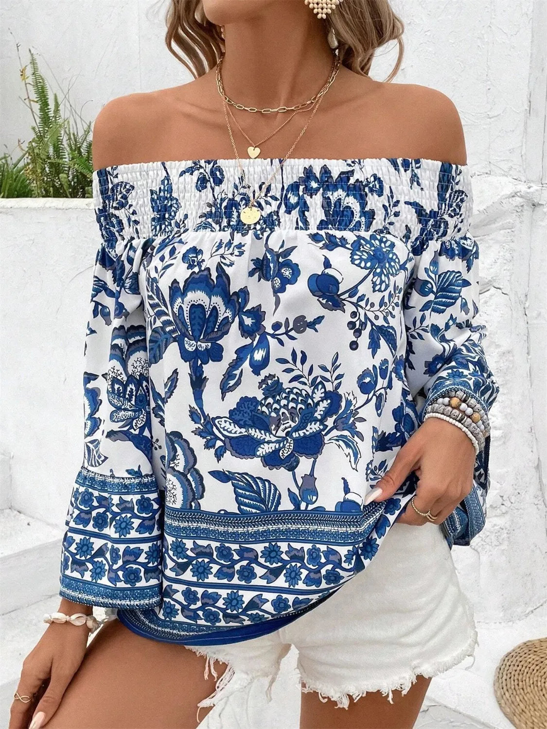Off-Shoulder Floral Blouse Smocked Printed Navy Blue Top af4257dc-3e5e-4891-99d6-7df8bb5ec6ec-Max-Origin Trendsi