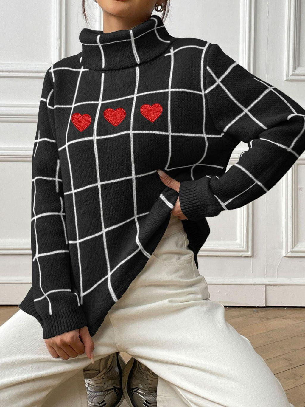 Heart Plaid Sweater Turtleneck Long Sleeve Casual Knitwear af46855f-eef7-4fe6-86e9-4bcdb58fd929-Max Trendsi