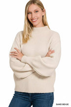 Zenana Womens Sweater Mock Neck Sand Beige Balloon Sleeve Pullover af5162c4-7829-4107-bdbd-60a0039f144f-Max-Origin Trendsi
