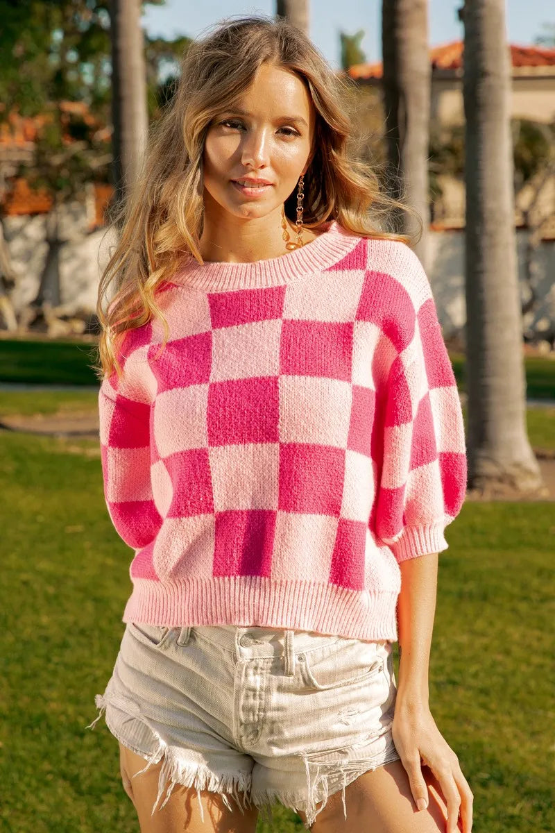 BiBi Sweater Top Pink Check Pattern Short Puff Sleeve Oversized af586ad3fc4149749b0c5505865b84d9-Max-Origin Trendsi