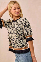 BiBi Women Knit Top Textured Rose Black Gray Contrast Banded Puff Sleeve af5b97d7-bd4a-47ce-9c44-f6bb5570678e-Max-Origin Trendsi
