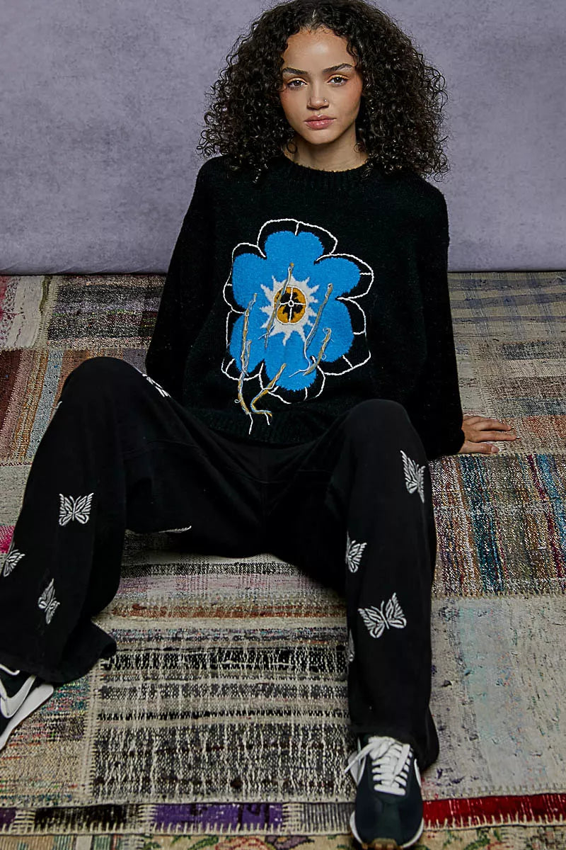 POL Black Sweater Floral Pattern Round Neck with Exposed Stitching Pullover af5db66c-2f05-489d-8d9d-ef3897183cfd-Max-Origin Trendsi