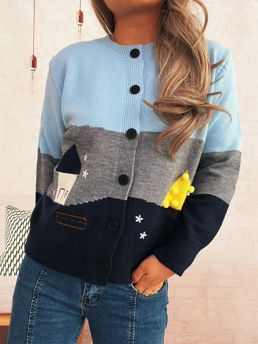 Women's Cardigan Color Block Stripe Button-Up Knit Round Neck Sweater af681860d41e4b3090b2f0b0d7c57085-Max-Origin Trendsi