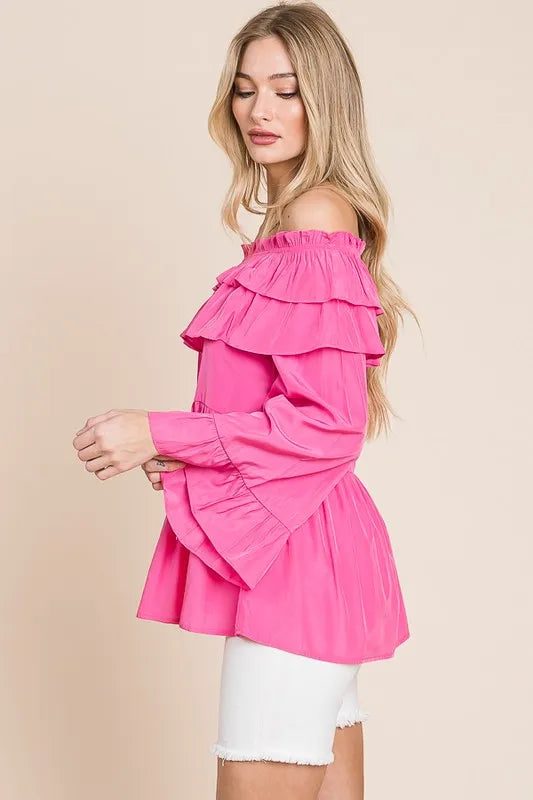Lime 'N' Chili Ruffled Top Fuchsia Pink Trumpet Sleeve Off-The-Shoulder Blouse af6cdae2c0534512aedccb54152f28e4-Max-Origin Trendsi
