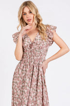Mittoshop Midi Dress Flower Print Ruffle Cap Sleeve V-neck Mauve Floral af723fda26d8417ba8714437a21bfa39-Max-Origin Trendsi