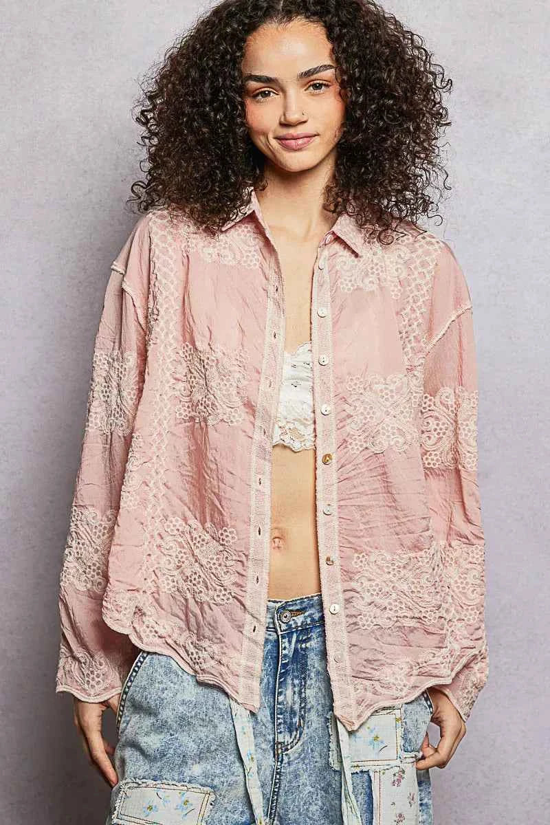 POL Women Shirt Pink Embroidery Floral Long Sleeve Top PINK One Size af76a074-c3c1-4fb0-861d-966c64d91b50-Max-Origin Trendsi