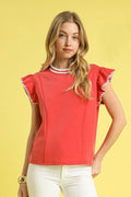 Umgee Blouse Red Contrast Trim Ruffle Short Cap Sleeve Top Red af787cfd-419b-4e5b-bac7-78c12e5a7500-Max-Origin Trendsi