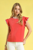 Umgee Blouse Red Contrast Trim Ruffle Short Cap Sleeve Top Red af787cfd-419b-4e5b-bac7-78c12e5a7500-Max-Origin Trendsi