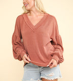 VERY J Women Blouse Two Tone Ribbed V-Neck Exposed Seam Top Cedar Wood af78896d-8470-4e8c-8b53-c46a71916518-Max Trendsi