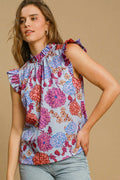 Umgee Floral Print Ruffled Cap Short Sleeve Blouse Plus Sizes Light Blue af7a2415-f6a7-41bf-9dfa-9da34f046e75-Max Trendsi
