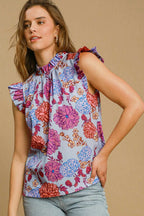 Umgee Floral Print Ruffled Cap Short Sleeve Blouse Plus Sizes Light Blue af7a2415-f6a7-41bf-9dfa-9da34f046e75-Max Trendsi