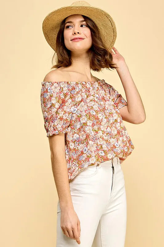 Lime 'N' Chili Blouse Off-The-Shoulder Coral Floral Print Short Sleeve af80890705f14427ab9fcee250866909-Max-Origin Trendsi