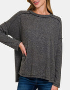 Zenana Black Women Sweater Exposed Seam Brushed Round Neck High-Low Black af846757-daf7-4197-ac8a-78ef81e1c6cb-Max Trendsi