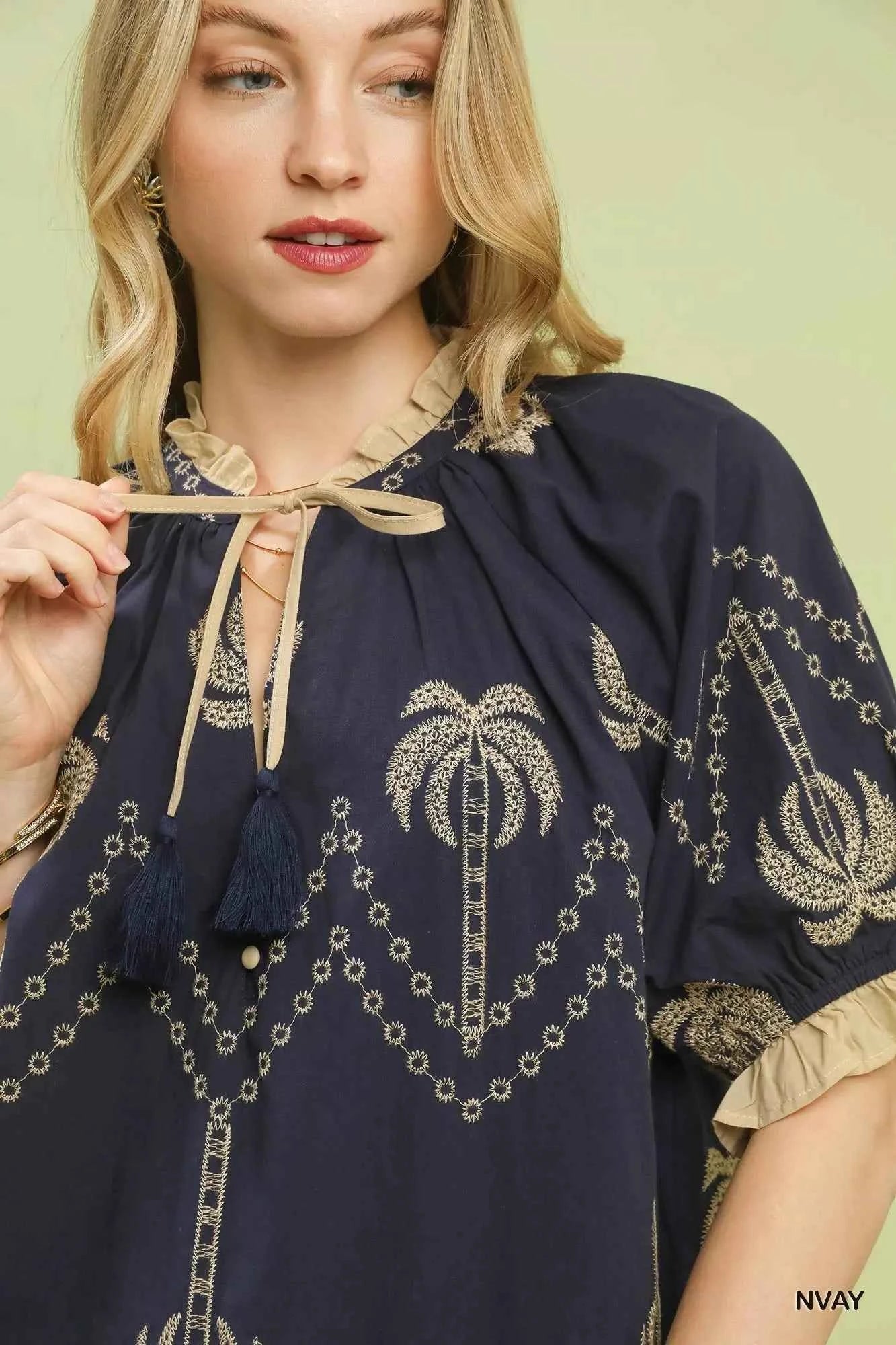 Umgee Blouse Embroidered Palm Print Tassel Tie Navy Short Sleeve Top af8d008d-7184-455c-a2c3-24b48068ad2c-Max-Origin Trendsi