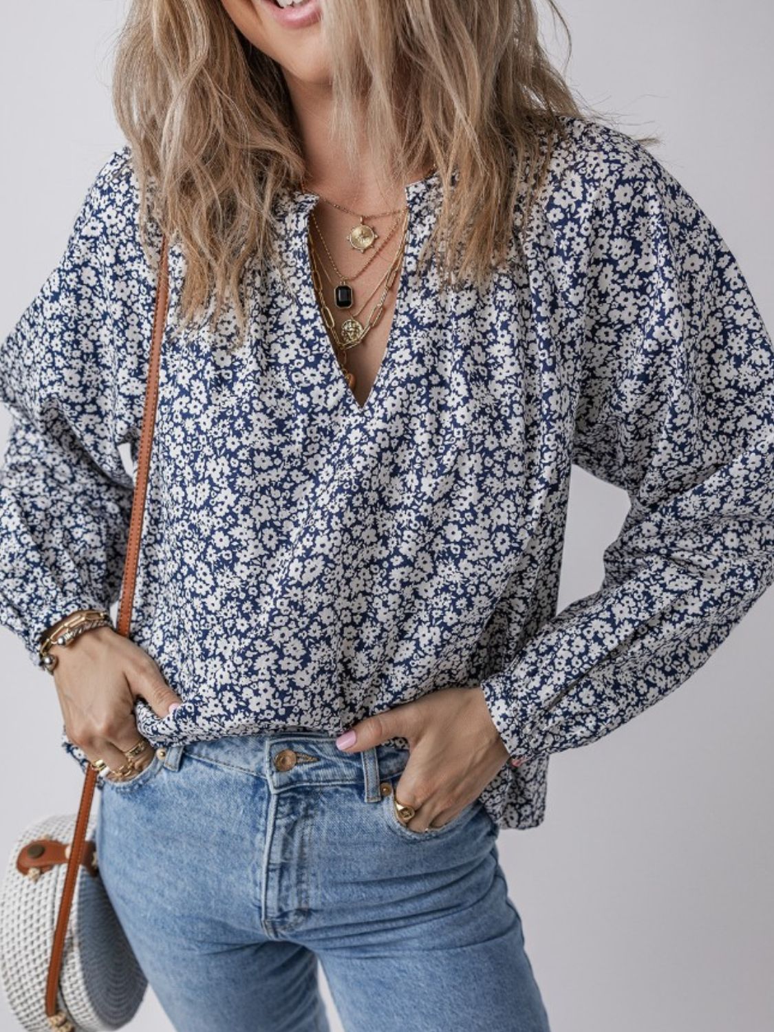 Women's Dusty Blue Floral Print Cotton Blouse Long Sleeve af913e90-a313-49f4-b29e-fc0dee97540b-Max Trendsi