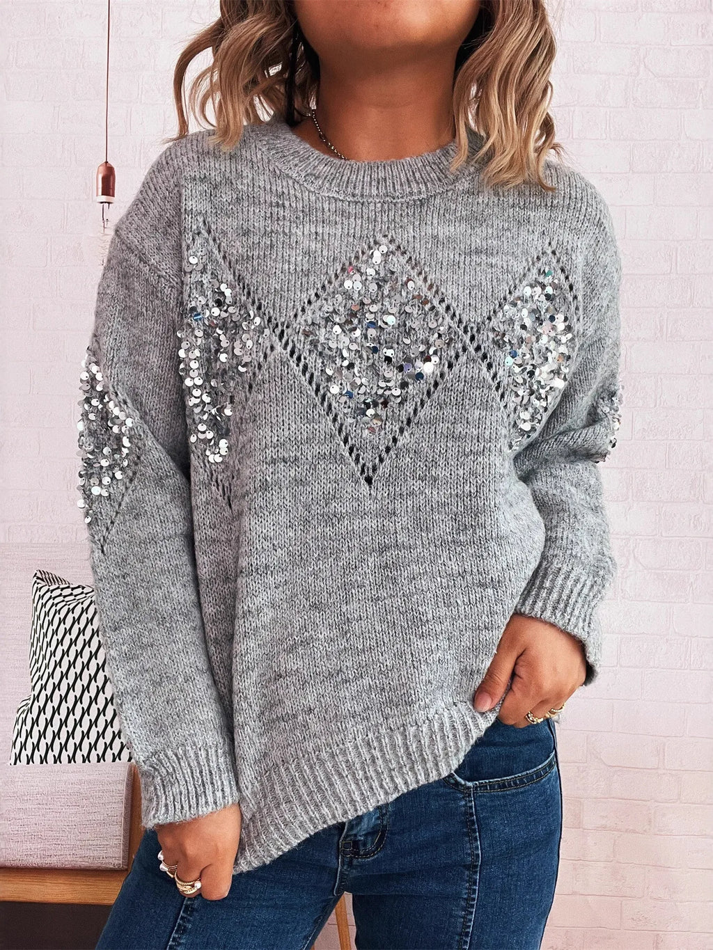 Women's Sweater Sequined Diamond Pattern Oversized Knitwear Gray One Size af9b0dbf2f784e839698e18a82570bc2-Max-Origin Trendsi