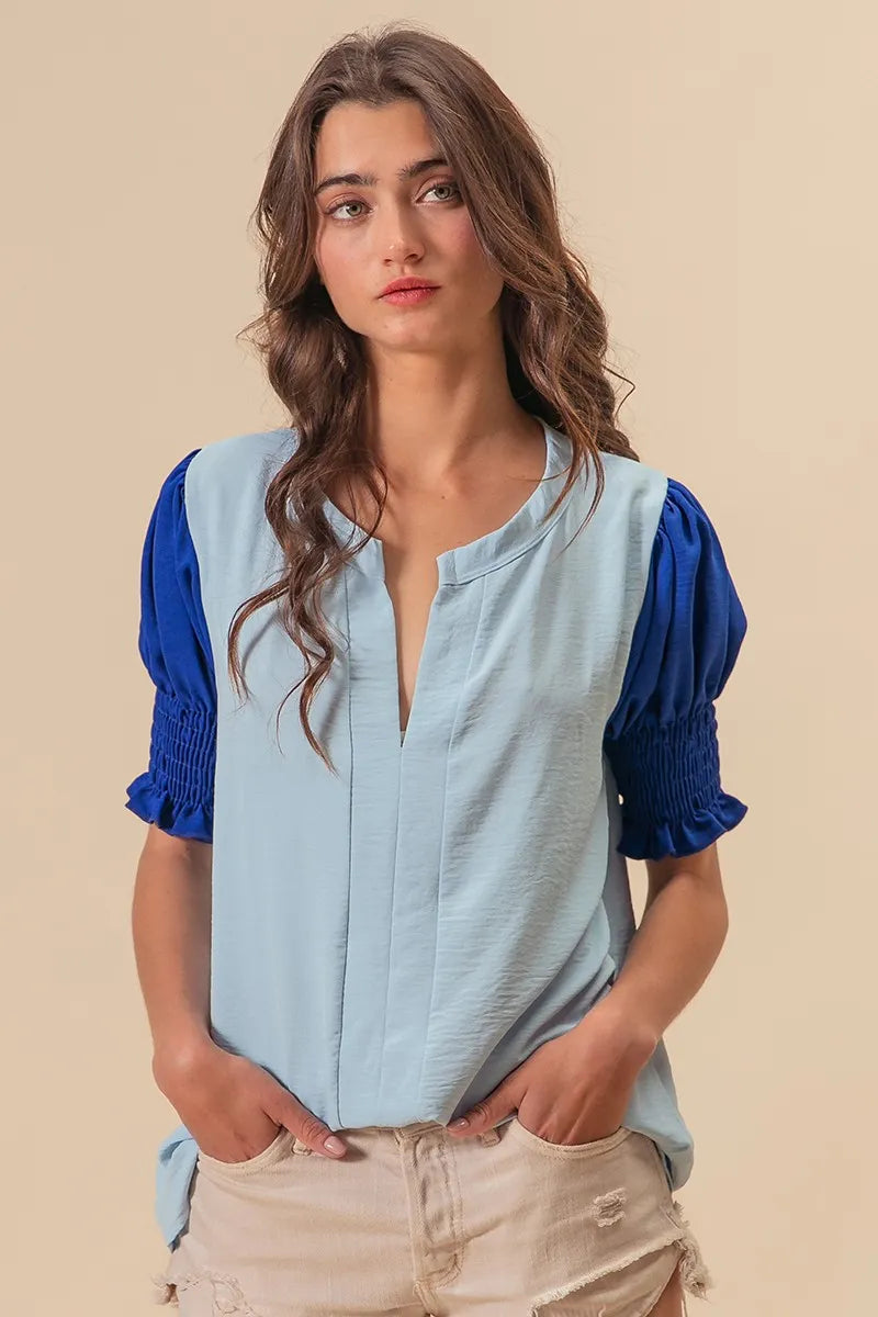 BiBi V Neck Top Air Flow Ruffled Blue Color Block Puff Short Sleeves af9fae31e15f484eb731cde4f89cd679-Max-Origin Trendsi