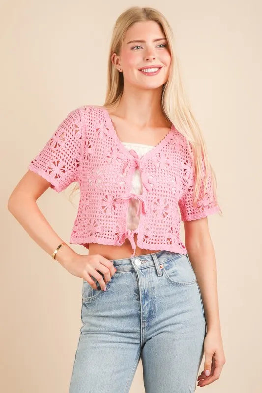 VERY J Crop Top Crochet Pink Front Tie Openwork Knit Short Sleeve afae3fca6fcd4b2ab665b6abf676839c-Max-Origin Trendsi