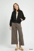 Umgee Womens Cropped Jacket Zipper Up Black with Leopard Trim afb00e16-fabf-40d9-b971-f0a2ccd42b26-Max-Origin Trendsi