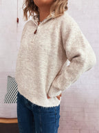 Women's Sweater Quarter Zip Hooded Ribbed Hem Long Sleeve Knitwear afb157f528ff40a6aa0d34f6389ab8ad-Max-Origin Trendsi