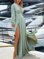 Plus Size Surplice Long Sleeve Maxi Dress with Side Slit