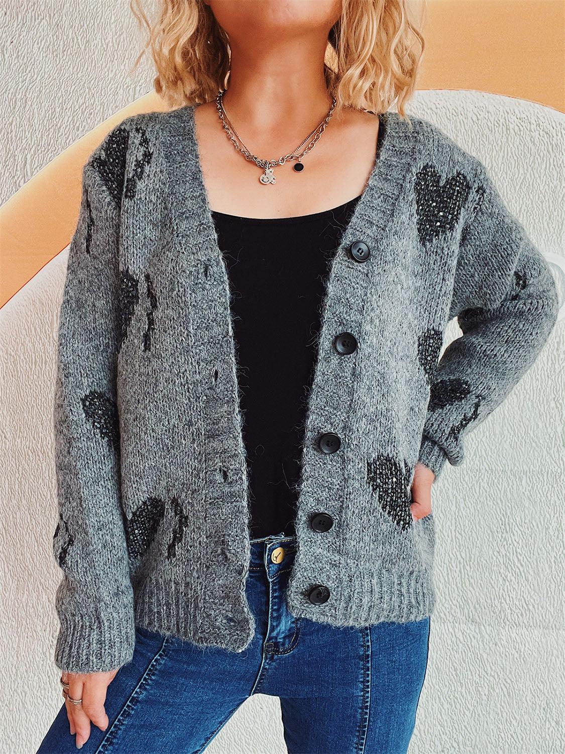 Heart Cardigan Button Up Long Sleeve Knitwear Dark Gray One Size
