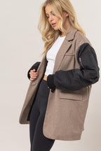 Blazer US HYFVE Herringbone Mixed Media Contrast Long Sleeve Coat afbc816b-a709-44ec-9fd7-6563f3e421fe-Max Trendsi