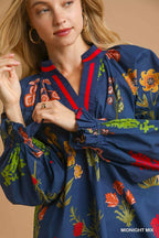 Umgee Womens Blouse Midnight Blue Floral Print Flounce Sleeve Ruffled afc5090e-a790-4b05-9d00-a9cf74bea387-Max-Origin Trendsi