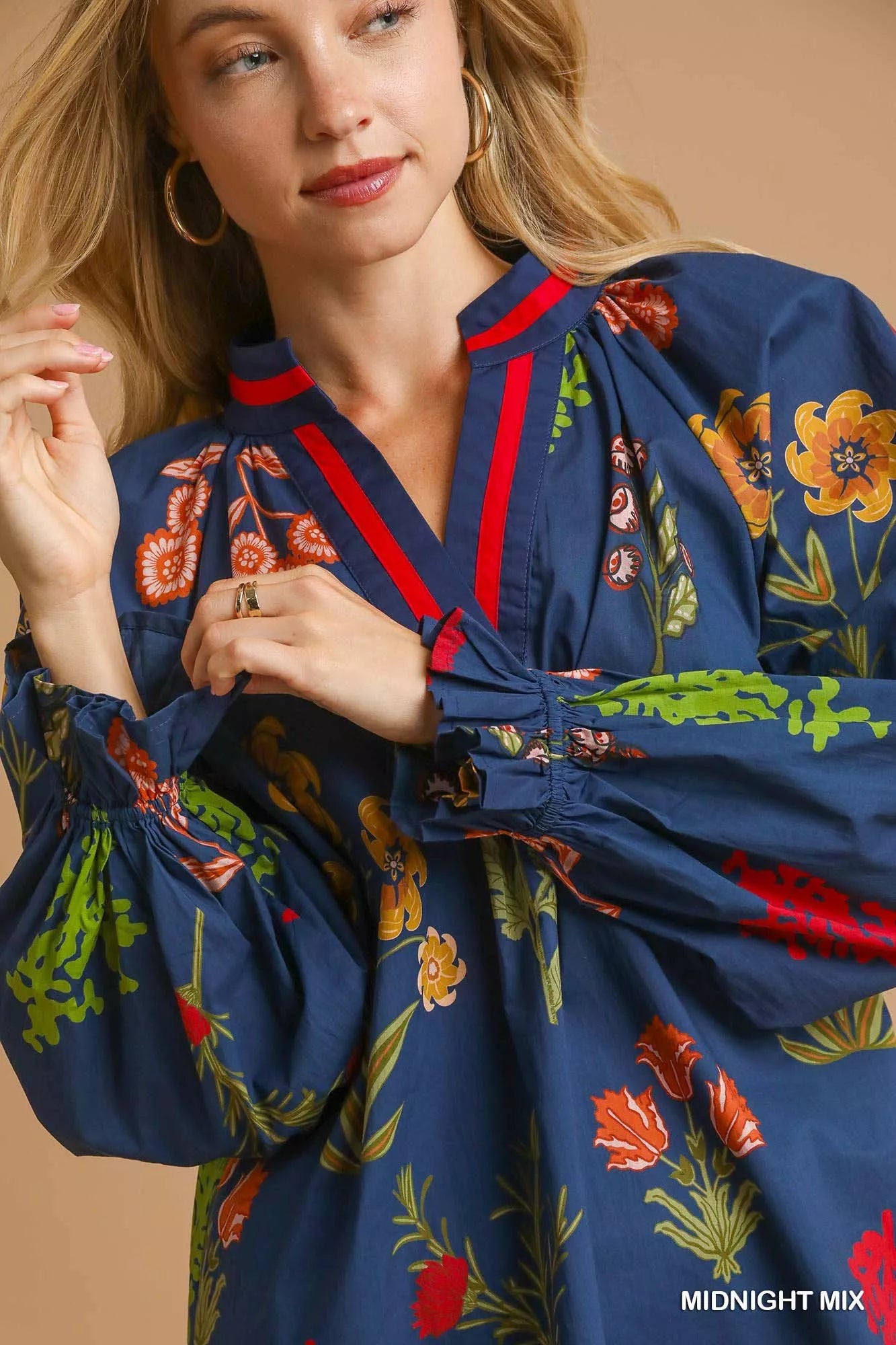 Umgee Womens Blouse Midnight Blue Floral Print Flounce Sleeve Ruffled afc5090e-a790-4b05-9d00-a9cf74bea387-Max-Origin Trendsi