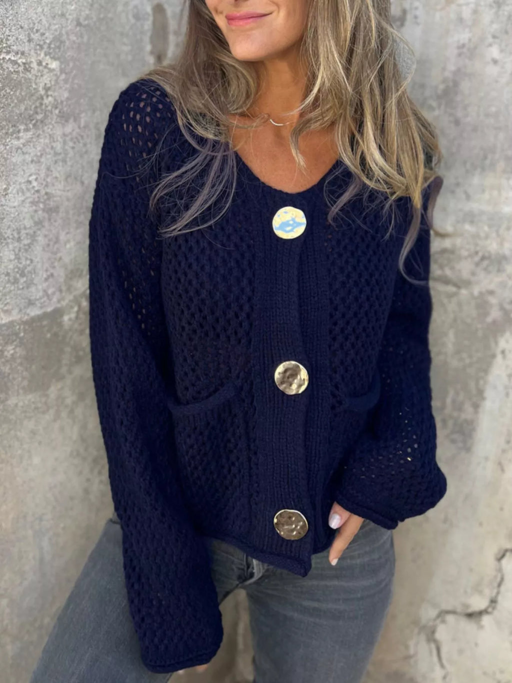 Women's Cardigan Crochet Knit Button Up Long Sleeve Dark Blue afc60d67-d5aa-4d02-a6cc-4d2b6770e5ba-Max-Origin Trendsi