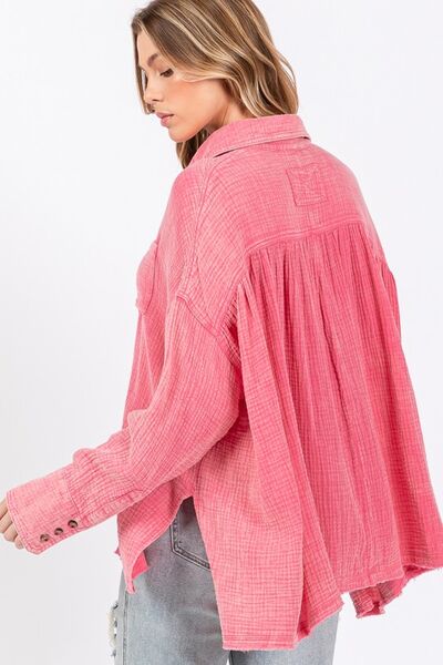 SAGE + FIG Cotton Shirt Pink Frayed Hem Side Slit Button Down Oversized Top afc81bec-fe75-411b-9fea-1e57bbb7c565-Min Trendsi