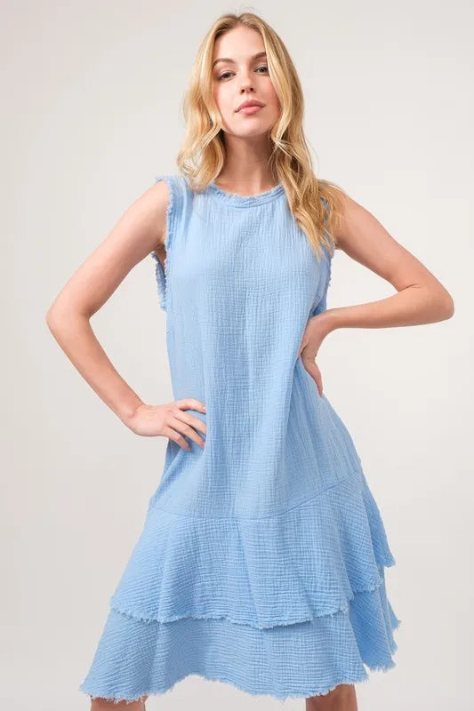 And The Why Tiered Dress Light Blue Washed Fringe Detail Sleeveless afcb9457b7b34ba4b41818d4ea1b231a-Max-Origin Trendsi