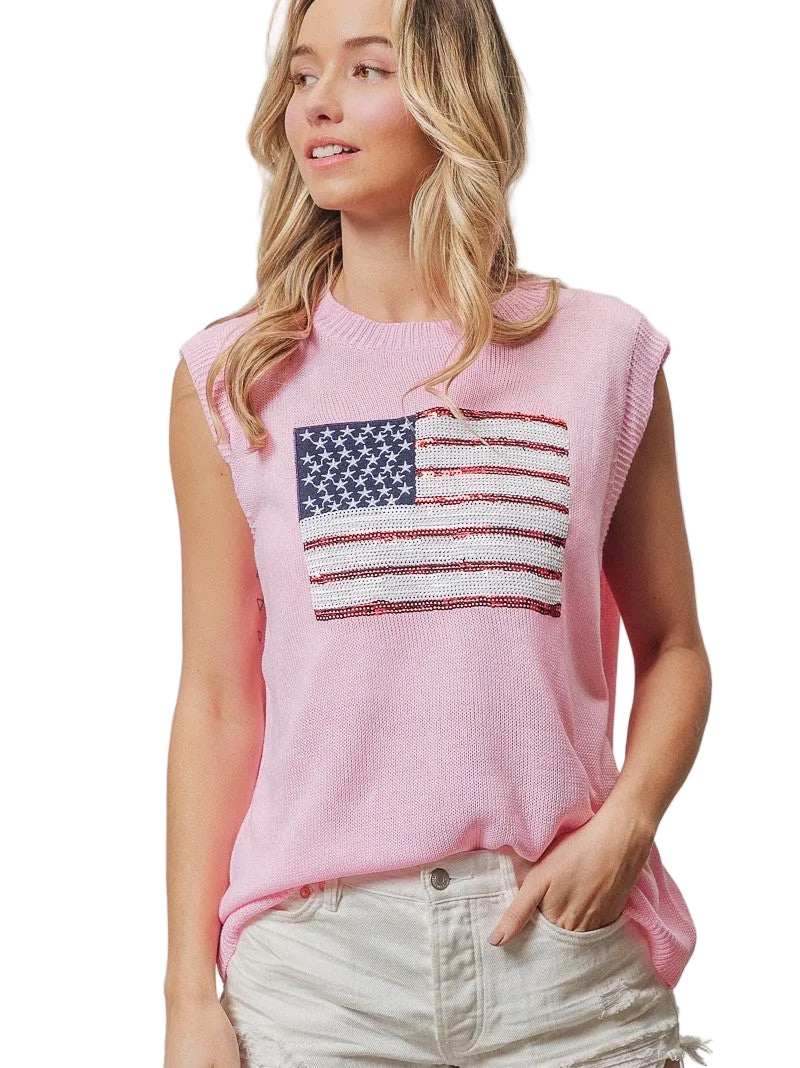 BiBi Knit Top Pink American Flag Sequins Patch Sleeveless Lightweight