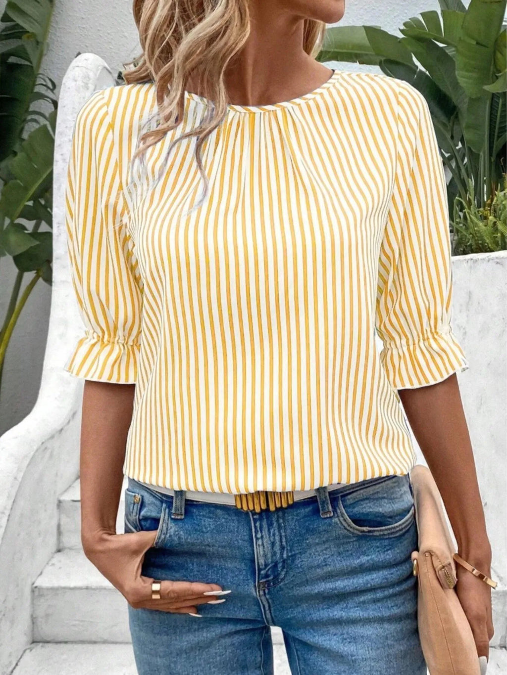 Women's Blouse Striped Round Neck Half Sleeve Casual Back Buttoned afd471ff-9e0a-4817-98fe-9a72903b48ff-Max-Origin Trendsi