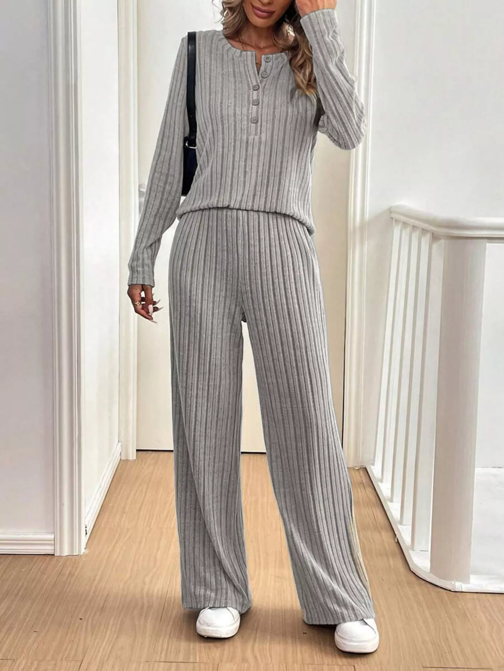 Women's Outfit Set Ribbed Button Detail Long Sleeve Top and Pants Set 2 Pcs Gray afd6219911d54e4a8fc487dce137272a-Max-Origin Trendsi