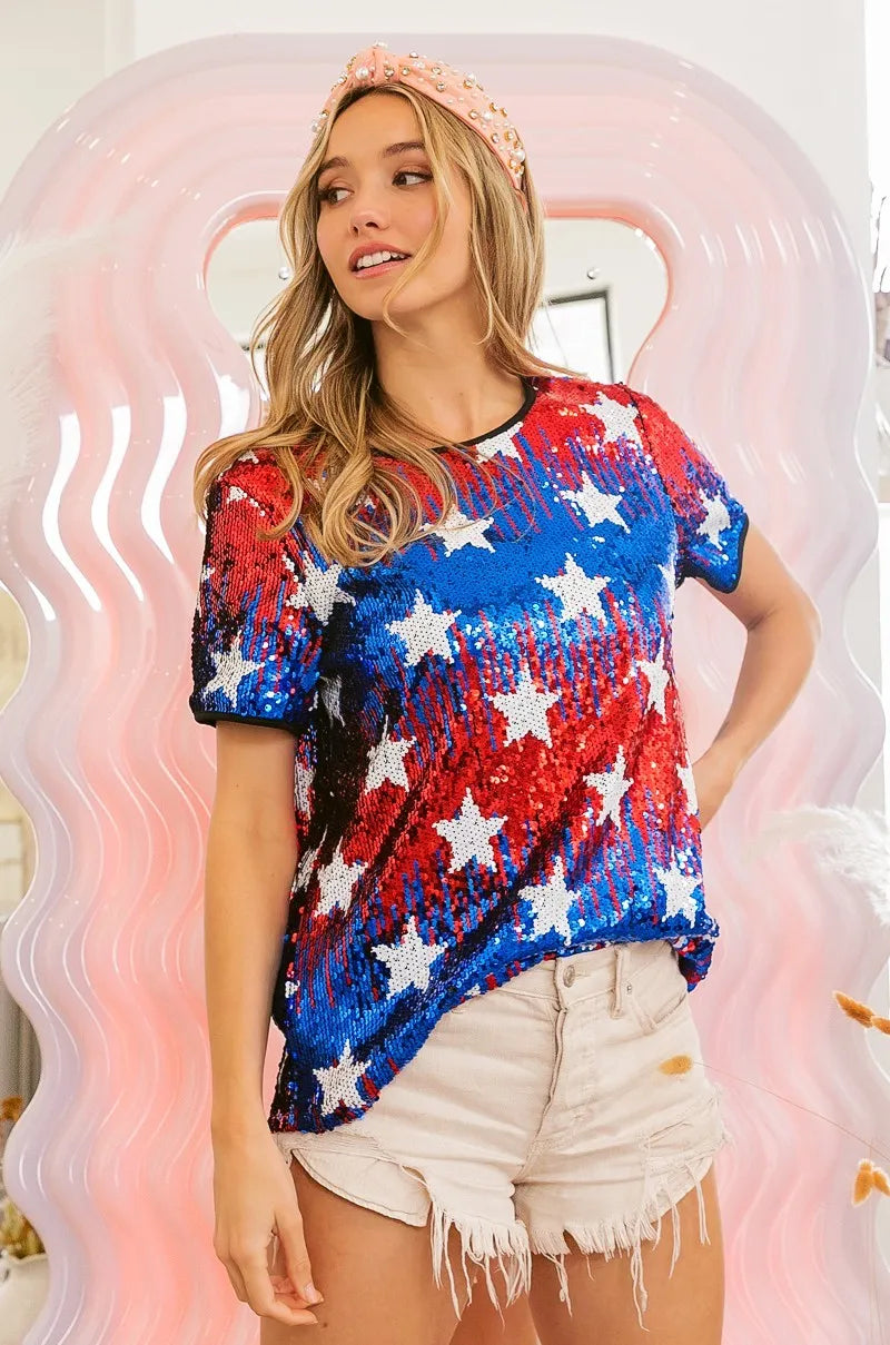 BiBi Sequin Top American Theme Star Pattern Short Sleeve T-shirt afdae130779e464aab2790abd2a8d752-Max-Origin Trendsi