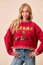 BiBi Christmas Theme Sweater Sequin Lattering Womens Red Knit Pullover afdece8c784a4edd8601e970209aad5d-Max-Origin Trendsi