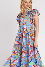 Umgee Ruffle Dress Leaf Colorful Print Plus Size Double Layered Short Sleeve afe4459d-87c4-49fa-a8ed-61d68da6e1ff-Min Trendsi