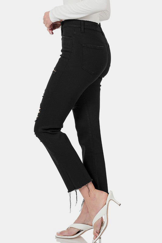 Zenana Black Women Cropped Jeans Distressed Raw Hem Slim Denim Pants