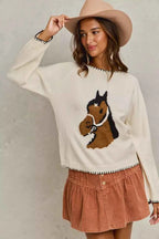SO ME Horse Sweater Top Ivory Knit with Blanket Stitch Long Sleeve afea83a35cb2460cbb0d3f71f57f8a79-Max-Origin Trendsi